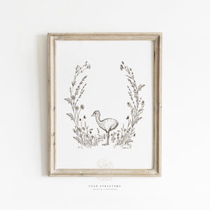 Baby ostrich safari animal print displayed in a neutral nursery setting, ideal for nature-themed kids’ rooms and modern safari decor.