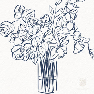 Close-up of hand-drawn floral vase art in navy ink, showcasing delicate linework and minimalist style, perfect for modern or coastal interiors.
