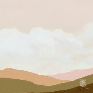 Close-up of a modern landscape print, featuring olive, pastel orange, and pink and mountains with a fluffy cloudy sky, perfect for bedrooms, bathroom, office spaces and more.