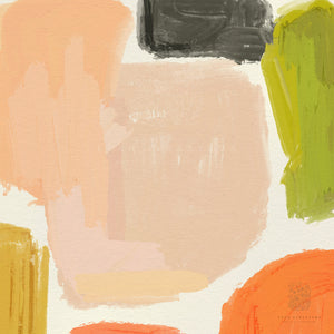 Close up of a bright and colourful abstract painting, featuring bold strokes in orange, peach, lime and yellow perfect for adding a modern touch to any room.