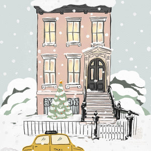 Hand-drawn NYC brownstone with snowy steps, festive wreath, and vintage yellow cab, ideal for winter gallery walls or seasonal decor.