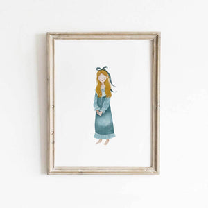 Watercolour Clara Nutcracker print with soft blue dress and golden hair, perfect for nursery or holiday-themed spaces.
