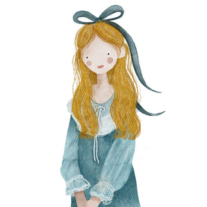 Close-up of Clara Nutcracker watercolour print, showcasing her blue dress and golden hair, ideal for children's rooms.