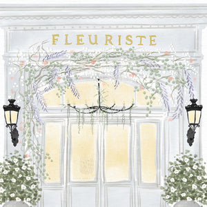 Close-up of "Fleuriste", a French flower shop print with blue, yellow, pink, and green colours, perfect for a kitchen, office, girls' room, and more.
