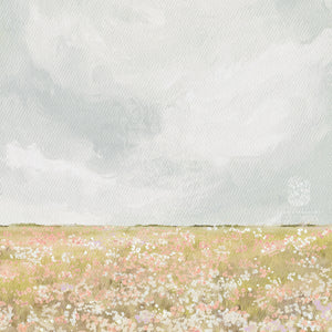 Close-up of soft brushstroke wildflowers and sky, capturing the peaceful charm of countryside-inspired wall decor.
