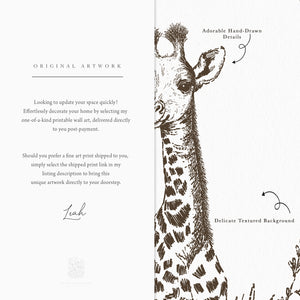 Close-up of hand-drawn baby giraffe safari print showing vintage ink texture and wildflower detail, ideal for nursery or kids’ wall decor.