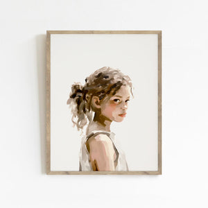 Modern portrait of a young girl in neutral earth tones, framed and hung against clean white wall—minimalist wall art for living room or kids' space.