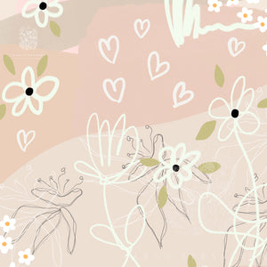 Close-up of blush-toned line art florals with heart doodles, ideal for girls’ rooms or cozy corners.