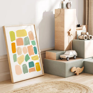 Minimalist neutral abstract wall art print with soft peach and sage tones, styled in a modern, light-filled bedroom.