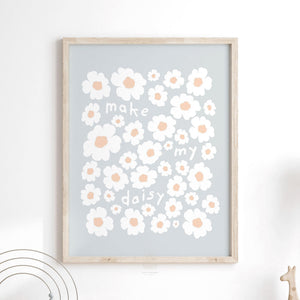 Pastel daisy art print featuring hand-drawn white and peach flowers with soft blue background, styled in a vintage wood frame—ideal for light, whimsical spaces.