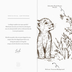 Close-up of hand-drawn lion cub nursery print showing vintage ink texture and delicate floral detail for safari-themed baby room decor.