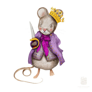Nutcracker Mouse King illustration in purple cape and gold crown, holding a sword and ornament, perfect for festive kids room styling.