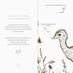 Close-up of hand-drawn baby ostrich safari print with vintage ink linework and wildflower accents, perfect for playful nursery wall decor.