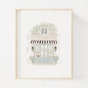 Patisserie storefront illustration print in warm neutrals and soft pastels, styled with natural light for a fresh, Paris-inspired art aesthetic.