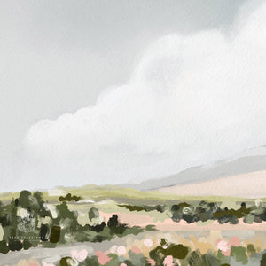 Close-up of soft landscape artwork with hand-painted textures, delicate greens, and creamy clouds—ideal for cottagecore decor or serene home styling.