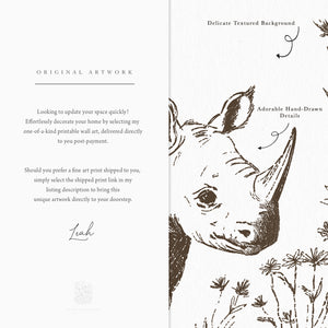 Close-up of hand-drawn rhino safari print showing detailed illustration and textured background, with info on printable and shipped options.