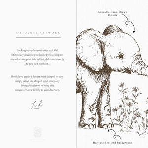 Close-up of hand-drawn elephant nursery art showing illustrated details and textured background, with printable and shipped options explained.