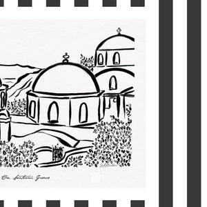Close-up of Santorini art print, showcasing ink illustration set against a textured background, and framed with stripes.