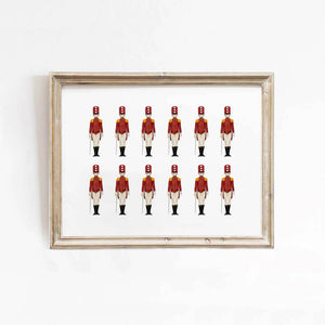 Nutcracker toy soldier art print with red uniform and gold details, perfect for holiday wall decor in living rooms or entryways