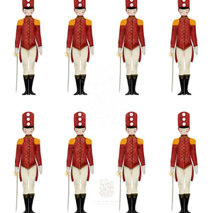 Close-up of a Nutcracker toy soldier art print in red and gold, a playful and festive print ideal for Christmas-themed rooms or holiday decor.