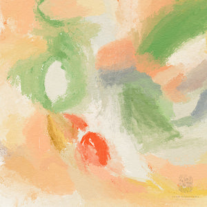 Close-up of an abstract tulip painting featuring bold colours such as green, yellow, and red mixed with soft pastel tones.