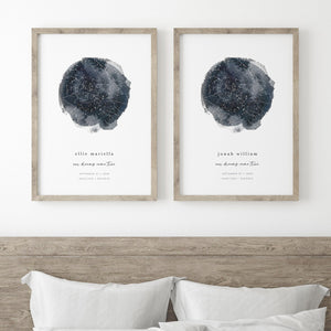 Two personalized celestial wall art prints with a custom star map, including name and birth details, framed on a wall in a serene bedroom above a bed.