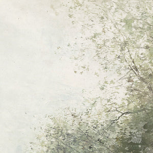 Close-up of a vintage painting featuring tree limbs and leaves, with a vantage point as though you were looking at the sky, perfect for a calming space.