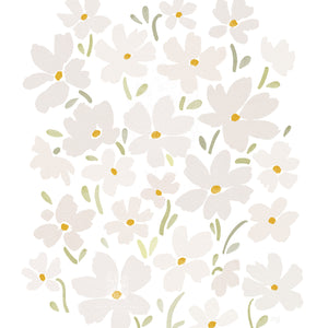 Close-up of delicate white daisy artwork, featuring muted petals and soft green stems for a gentle, natural aesthetic.