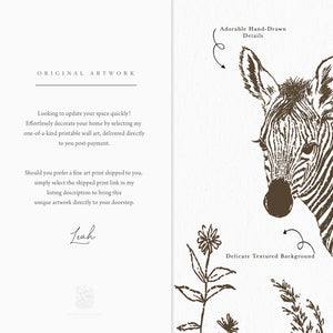 Close-up of hand-drawn baby zebra safari print showing vintage ink details, ideal for neutral nursery decor or nature-themed kids’ rooms.