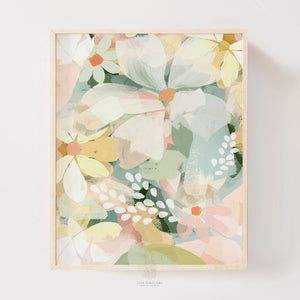 Straight-on view of abstract daisy artwork in neutral wood frame, featuring soft pastel florals – ideal for girls rooms or boho decor.