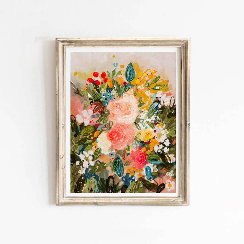 Pretty floral art featuring roses, daisies, and wildflowers.