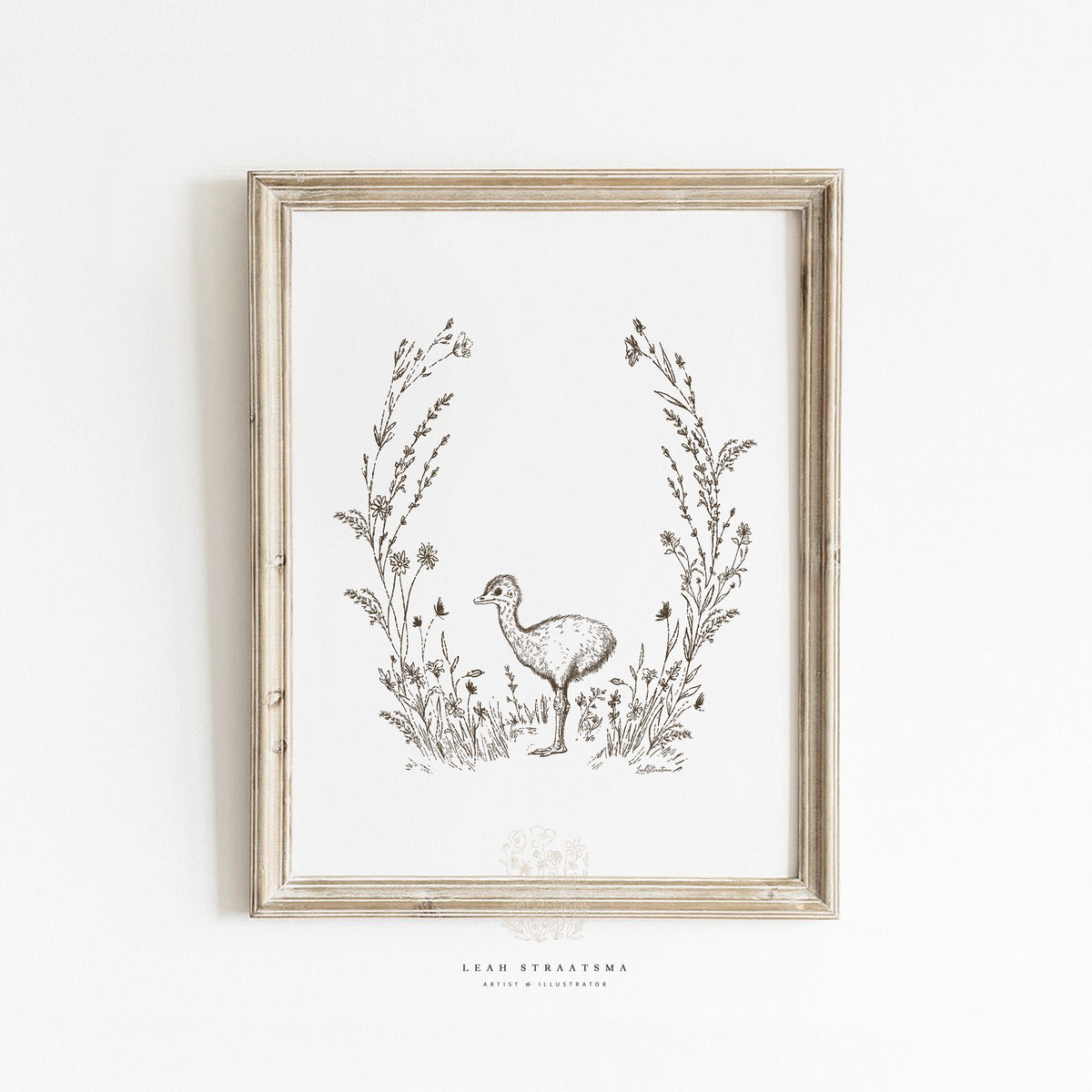 Baby ostrich safari animal print displayed in a neutral nursery setting, ideal for nature-themed kids’ rooms and modern safari decor.