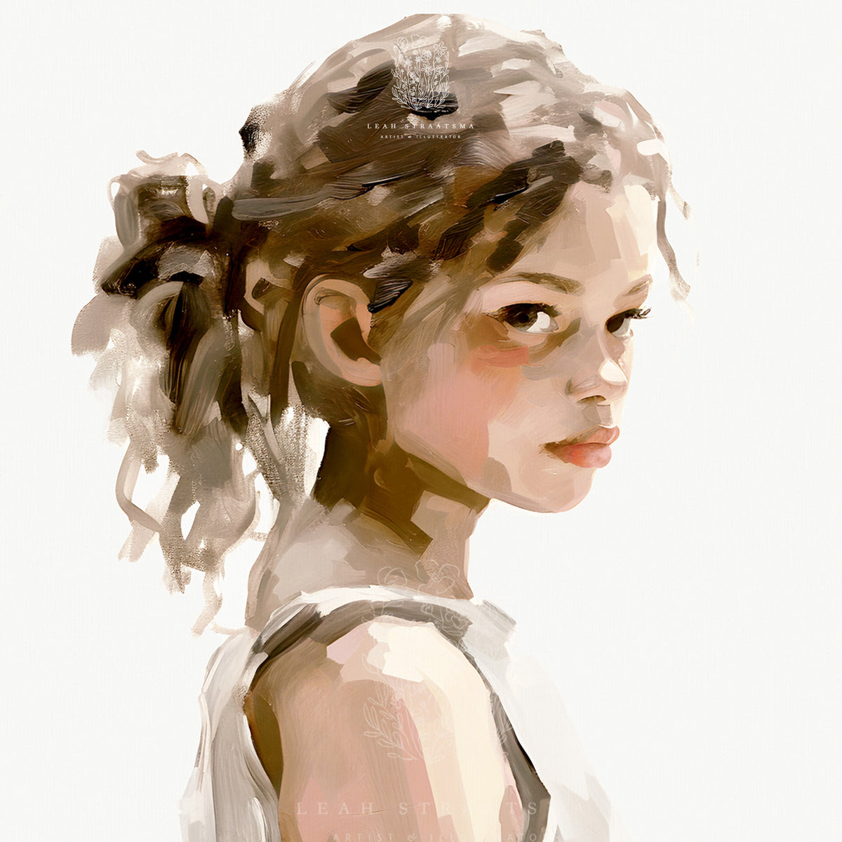 Close-up of a mixed-media art print of a young black girl with brown wavy hair and  darling face, perfect for a girls room, office, bathroom and more.