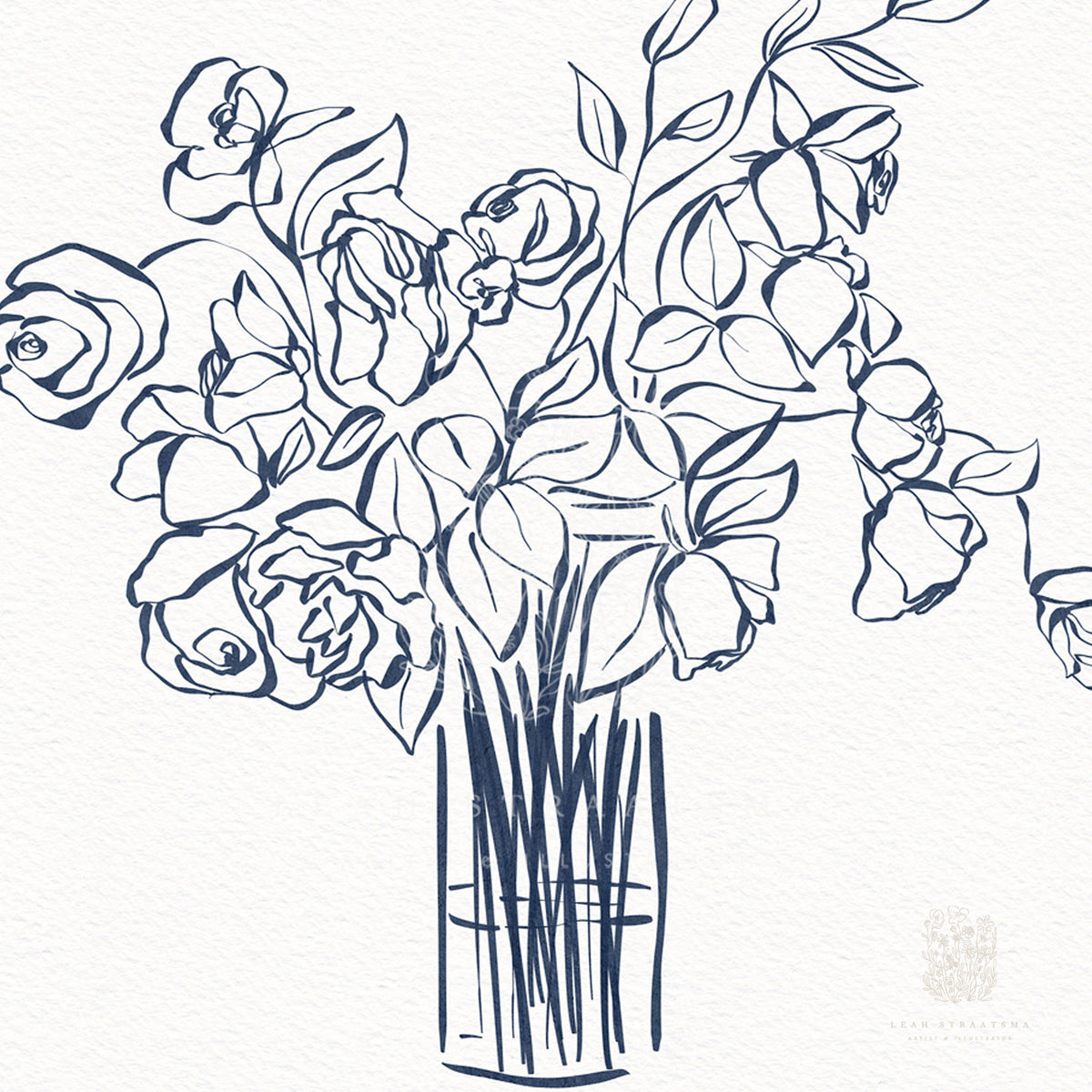 Close-up of hand-drawn floral vase art in navy ink, showcasing delicate linework and minimalist style, perfect for modern or coastal interiors.
