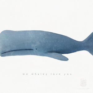 Close up of a minimalist whale wall art print featuring an illustrated blue whale on a textured white paper background. Clean and modern, perfect for nursery or coastal decor.