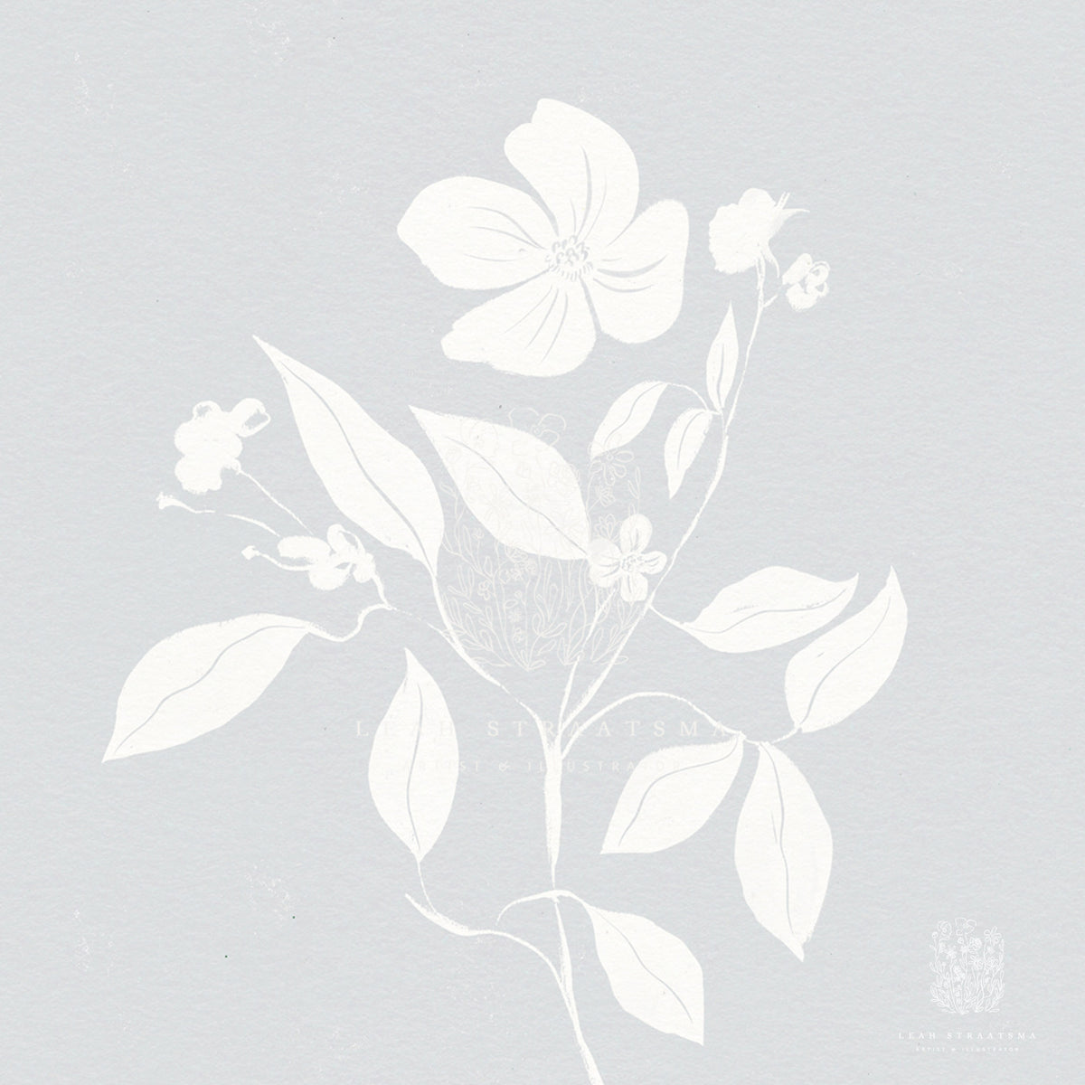 Close-up of a soft blue and white floral print, minimal in design, perfect for giving any space a touch of tranquility.