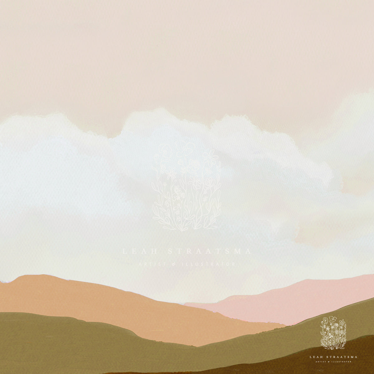 Close-up of a modern landscape print, featuring olive, pastel orange, and pink and mountains with a fluffy cloudy sky, perfect for bedrooms, bathroom, office spaces and more.