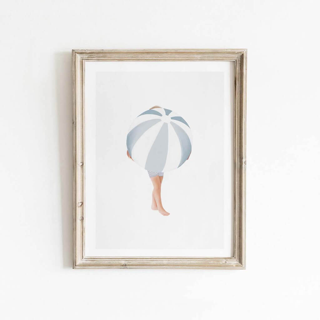 Sweet painting of a boy holding an oversized blue and white beachball by Leah Straatsma