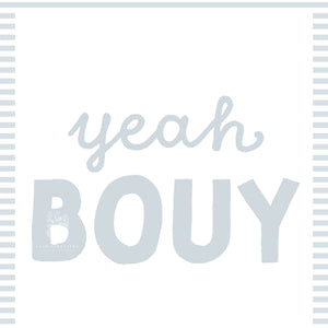 Close-up of "Yeah Bouy", a fun blue and white striped art print, perfect for coastal or nautical inspired rooms.