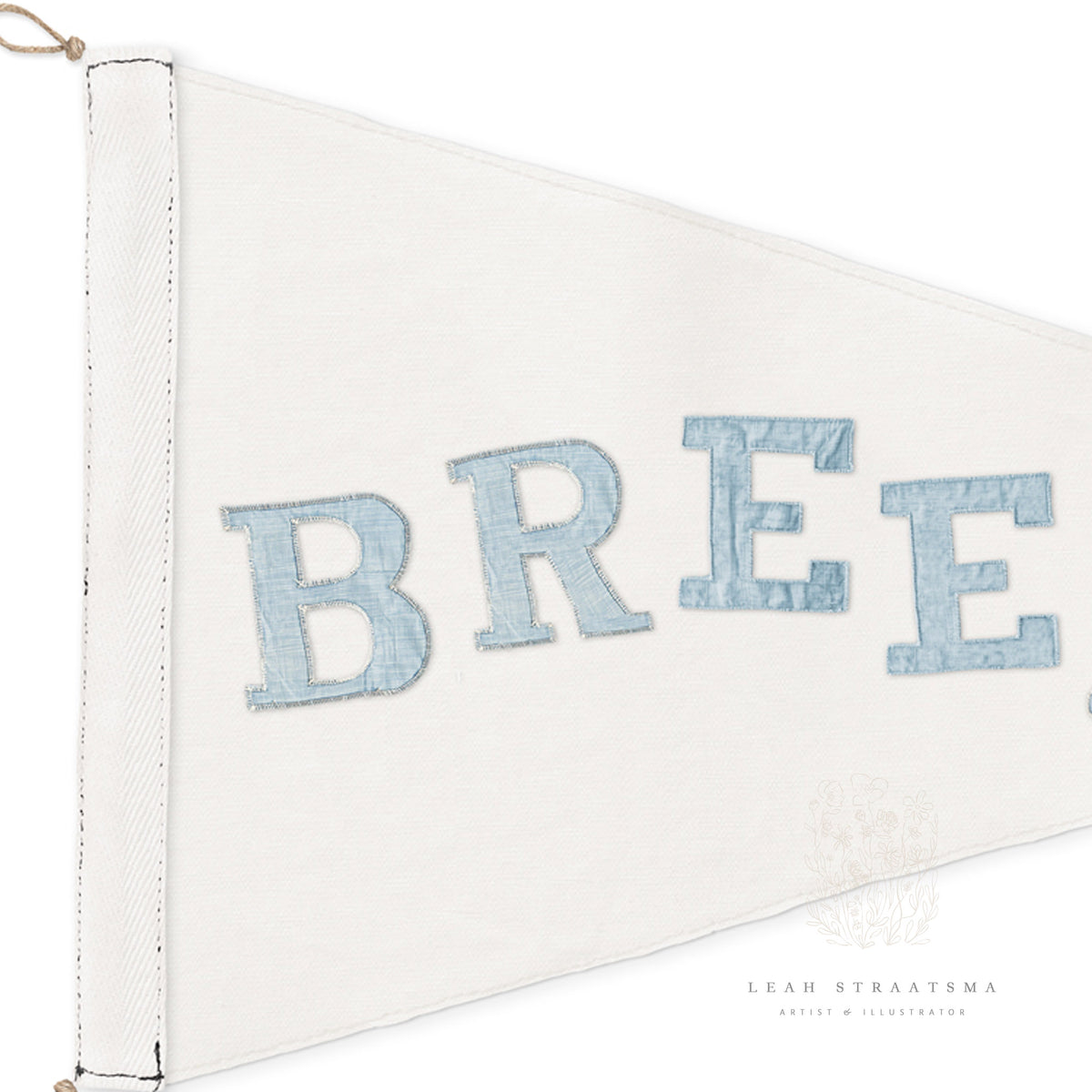 Coastal pennant flag art featuring the word &quot;Breezy&quot; in light blue denim letters, perfect for a teen&#39;s room, kids&#39; room, or coastal-inspired space.
