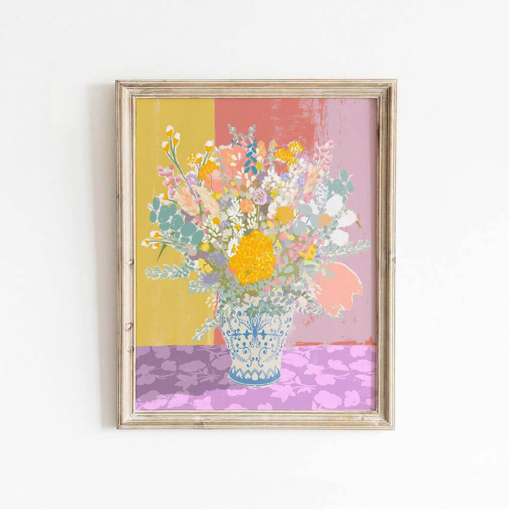Bright and colourful painting of a bouquet of wildflowers in a chinoiserie vase, by Leah Straatsma