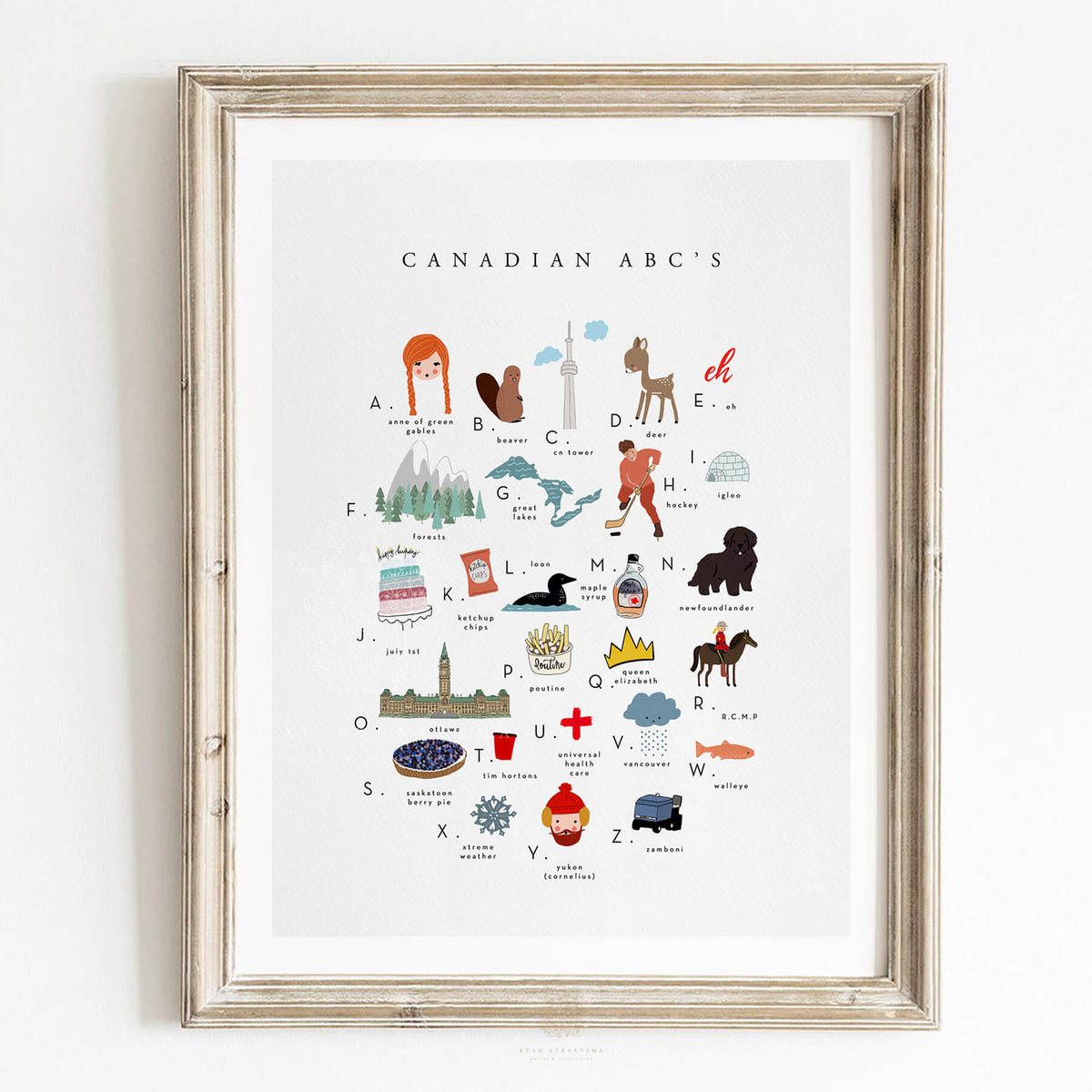 Colorful Canadian ABCs educational print featuring iconic symbols like poutine, hockey, and the loon for each letter.