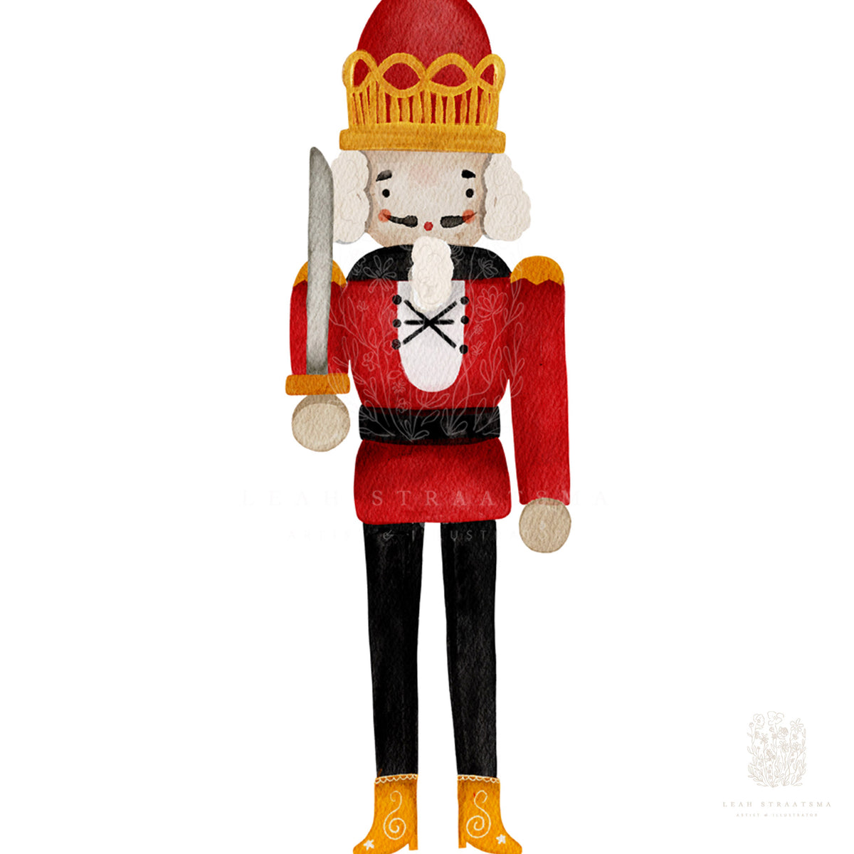 Illustrated nutcracker soldier in red and gold uniform with sword, ideal for classic holiday wall art or traditional Christmas decor styling.