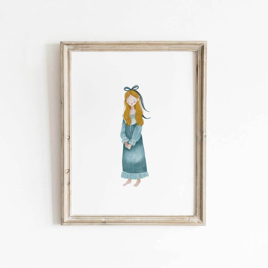 Watercolour Clara Nutcracker print with soft blue dress and golden hair, perfect for nursery or holiday-themed spaces.