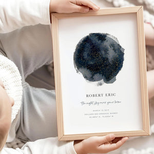 Close-up of custom star map with constellations and personalized details, including name, date, and location, perfect as a keepsake gift.