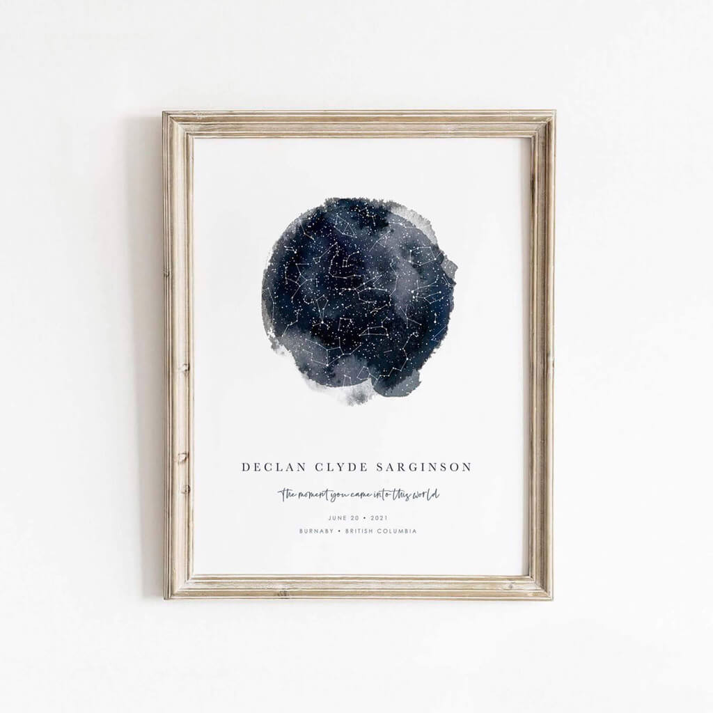 Custom Night Sky print with a dark blue watercolour sky, and white stars and constellations. Personalized art by Leah Straatsma.