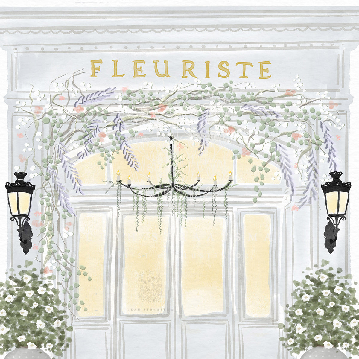 Close-up of &quot;Fleuriste&quot;, a French flower shop print with blue, yellow, pink, and green colours, perfect for a kitchen, office, girls&#39; room, and more.