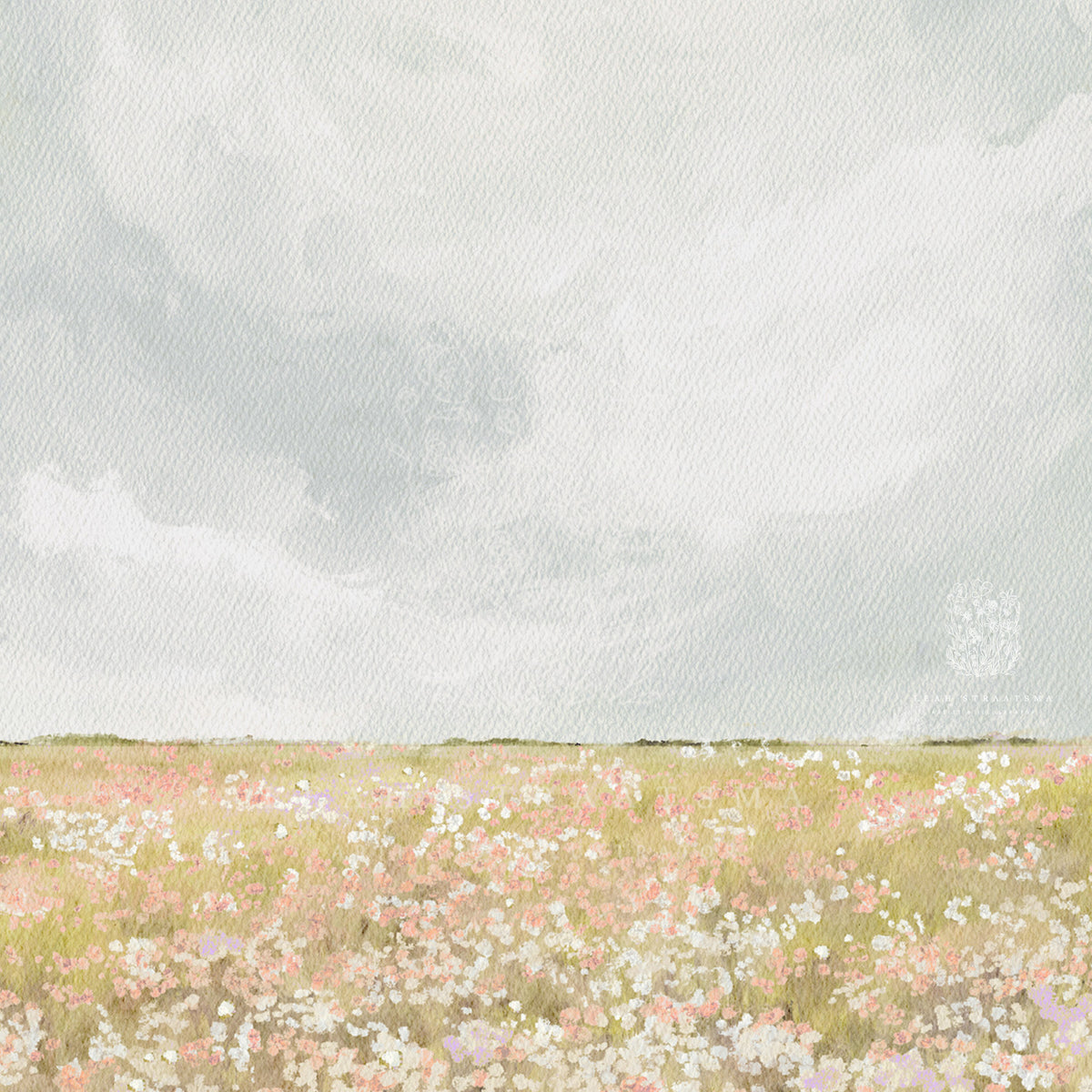 Close-up of soft brushstroke wildflowers and sky, capturing the peaceful charm of countryside-inspired wall decor.