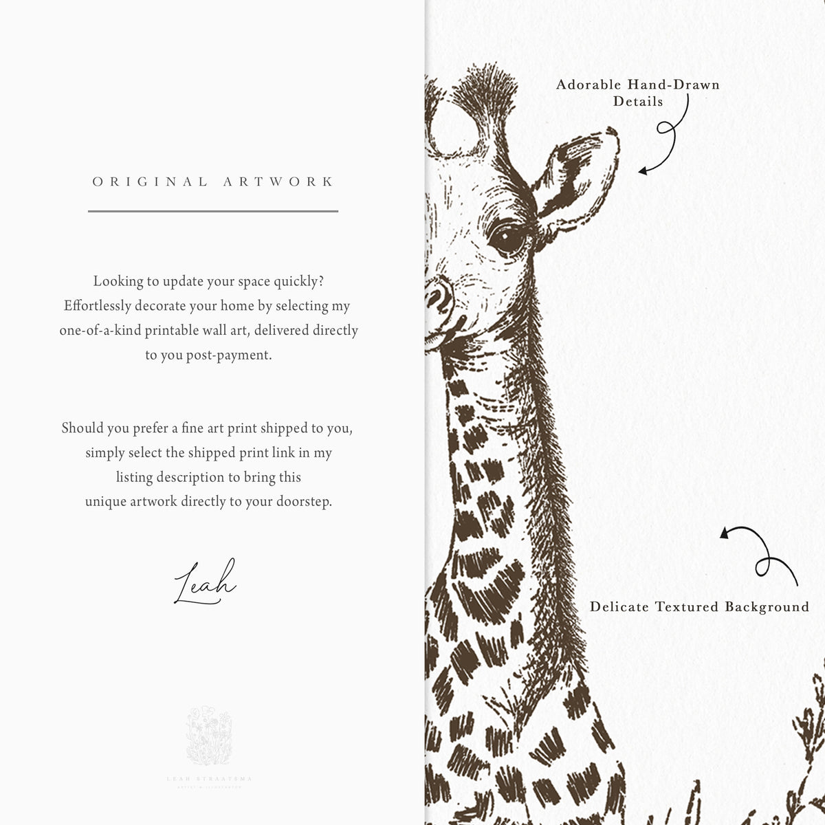 Close-up of hand-drawn baby giraffe safari print showing vintage ink texture and wildflower detail, ideal for nursery or kids’ wall decor.