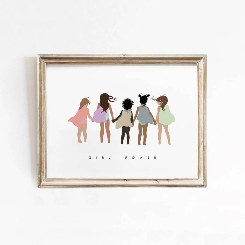 Colorful Girl Power Print celebrating diversity with various skin tones, hair styles, and sizes. Perfect for empowering young girls&#39; rooms.